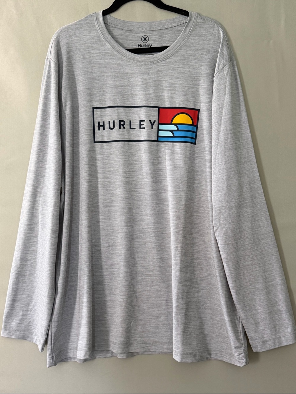 Hurley Mens Long Sleeve Graphic Tee Heather Grey Sunset Wave Logo XXL